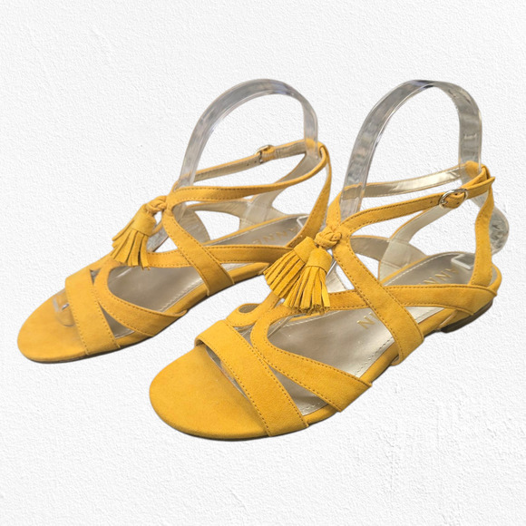 Anne Klein Noreen Golden Yellow Suede Tassel Flat Sandals Boho Chic Size 6 - Picture 8 of 15